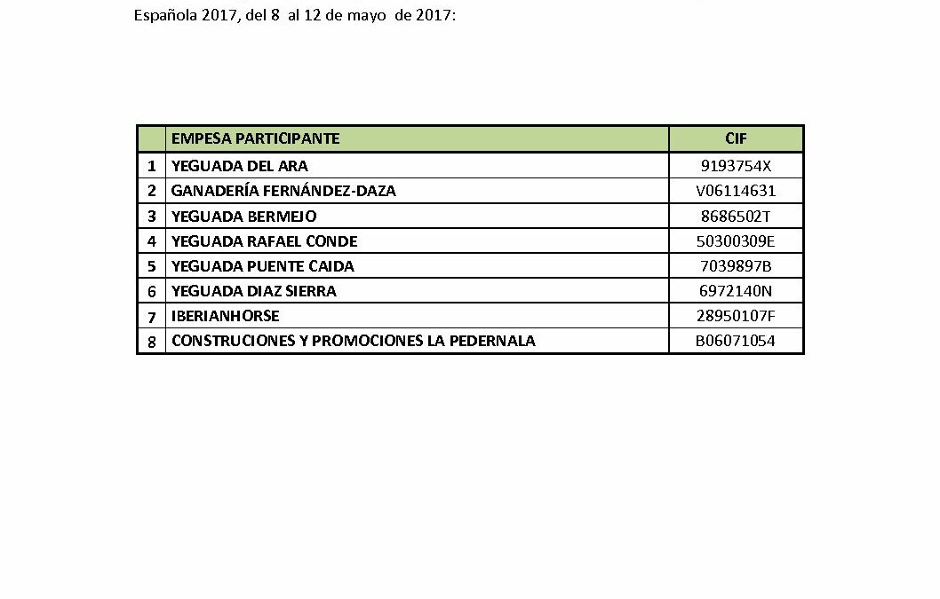 Participantes MCI EQUINO PURA RAZA ESPAÑOLA 2017