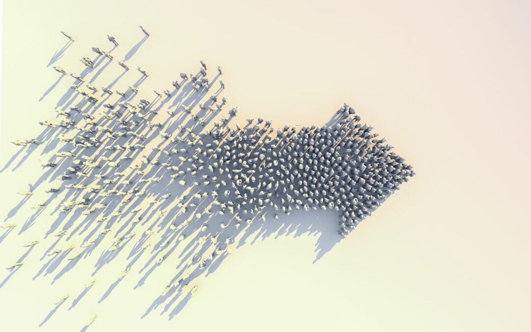 Leadership and successful business ideas concept 3d rendering of crowd 3d low polygon people arrow shape form walk together on white floor color tone image